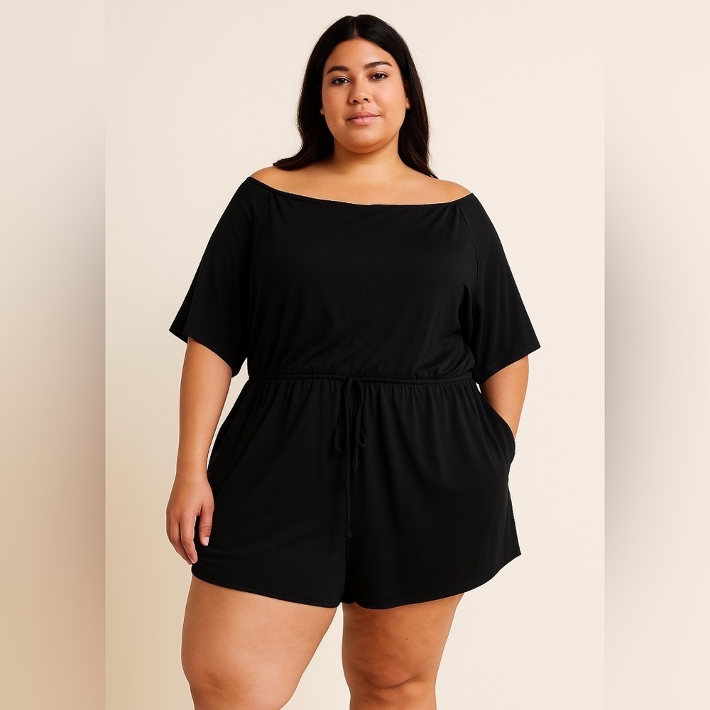 Haute Fox Plus Size 3X Black Off Shoulder Romper Drawstring waist